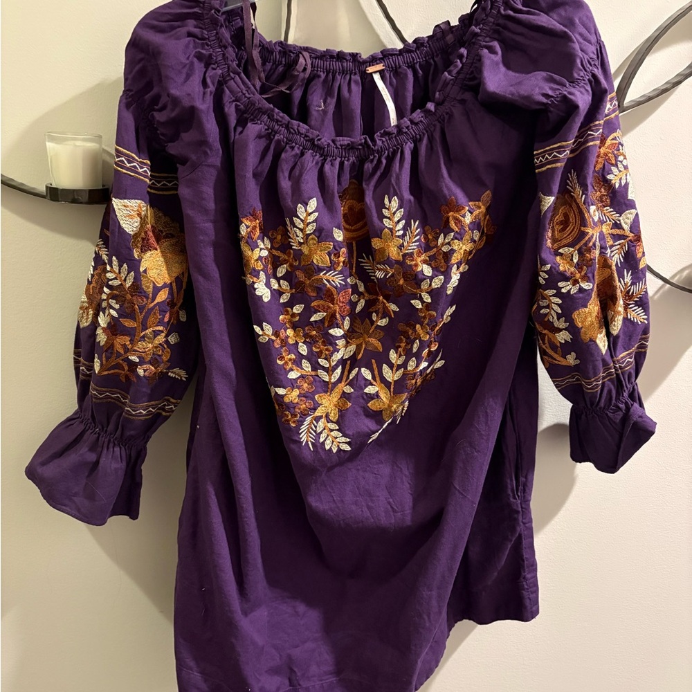 Free People Purple Blouse with Floral Embroidery
